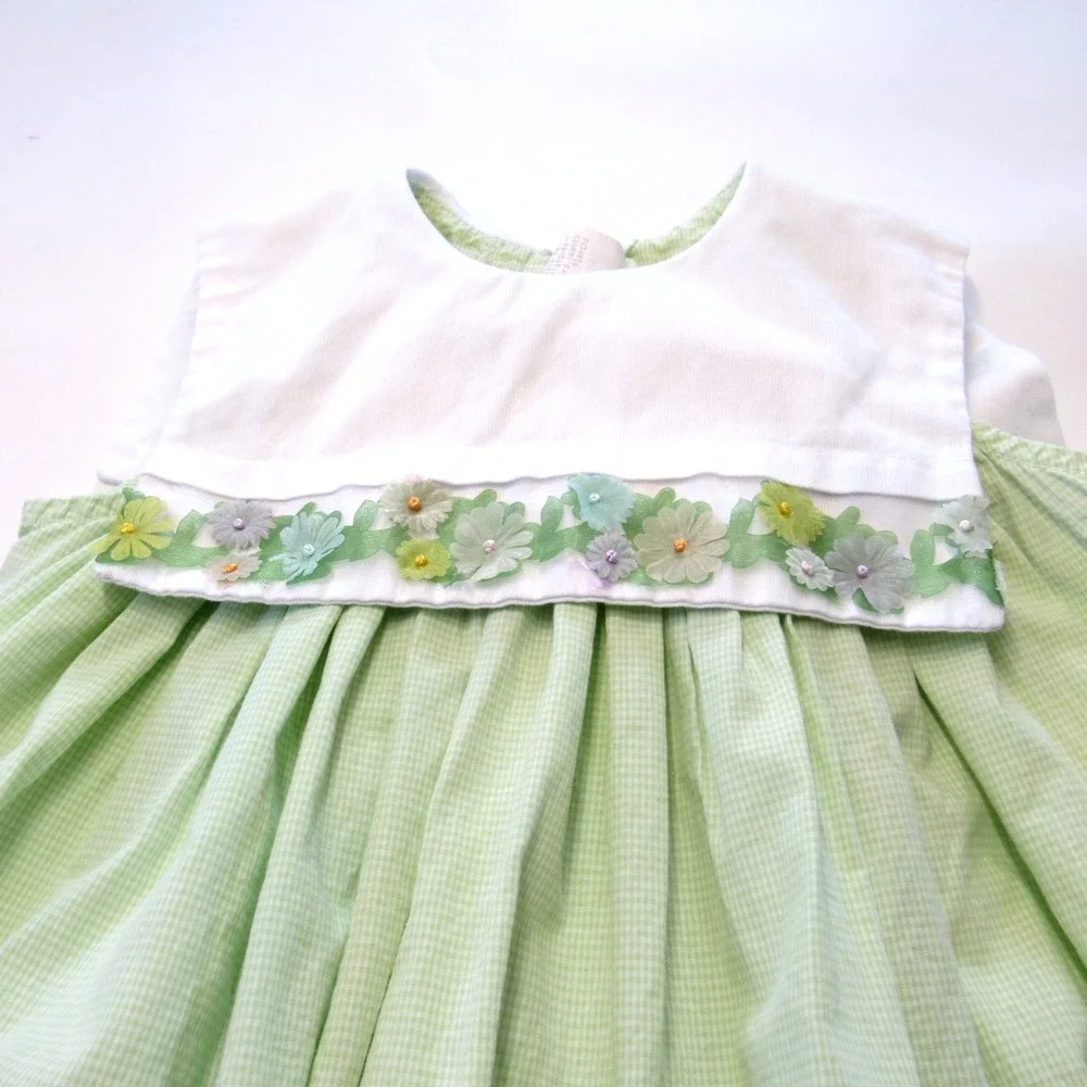 Vintage Peaches N Cream Easter Dress Size 5 Green Plaid Pastel Floral